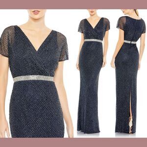 NWT $698 Mac Duggal [ 20 ] Beaded Butterfly Sleeve Column Gown in Midnight #S939
